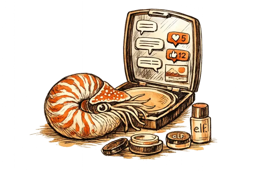 A nautilus shell before an open cosmetics compact reflecting social media feeds, with e.l.f. Beauty products on the table