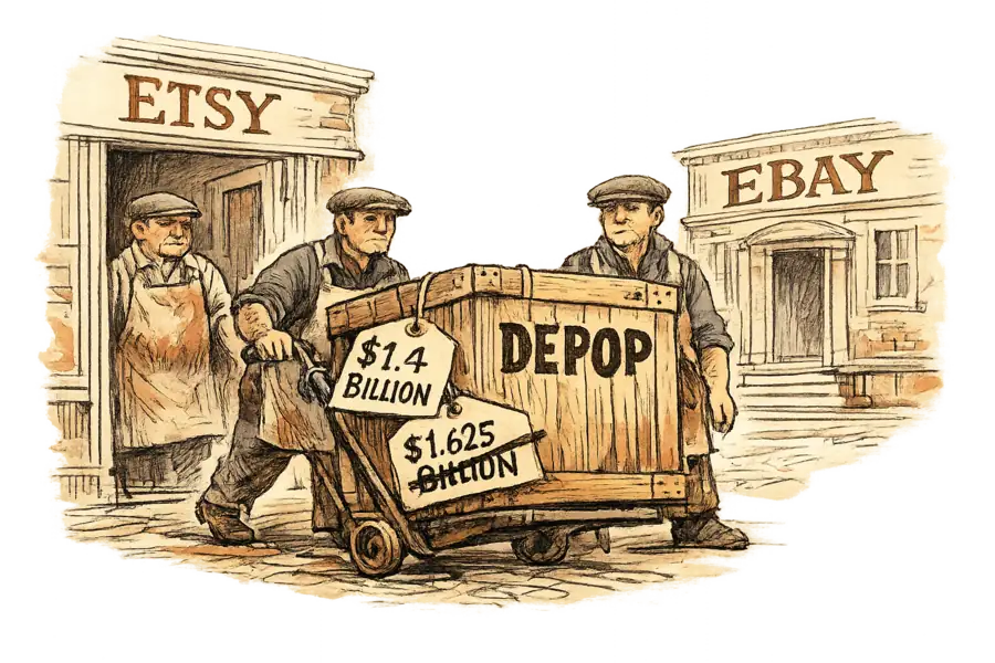 A crate stencilled Depop wheeled from a building marked Etsy toward one marked eBay, a $1.4 billion price tag hanging beside a crossed-out $1.625 billion one.