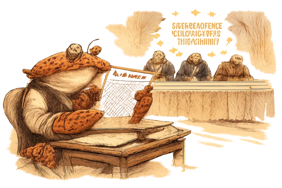 A crab in Victorian dress reads a Eurostat retail printout while EU officials behind him sign a Roadmap document.