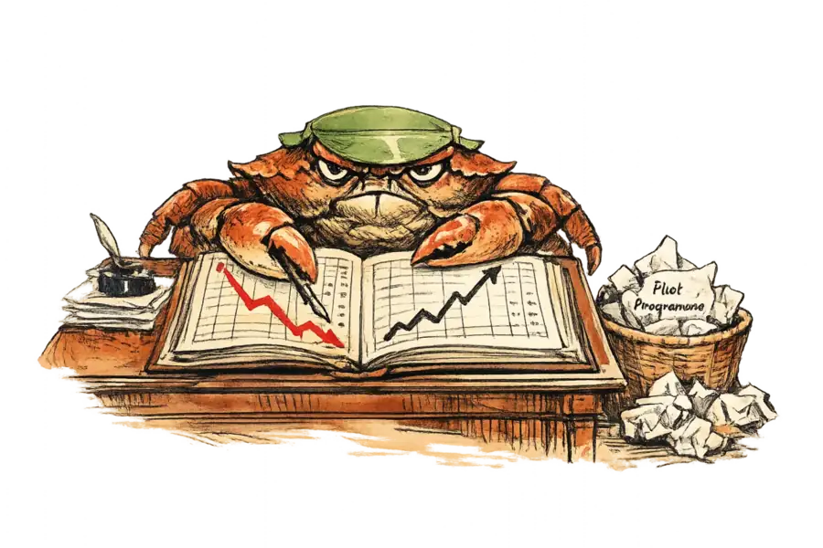 A crab in a green accountant's eyeshade examines an open ledger with one column falling and another rising