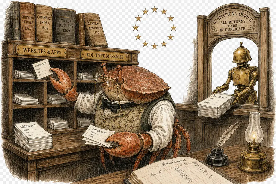 A waistcoated crab clerk sorts order slips into two brass pigeonholes labelled 'WEBSITES & APPS' and 'EDI-TYPE MESSAGES' while a brass automaton posts a thick stack of identical slips through the counter window.
