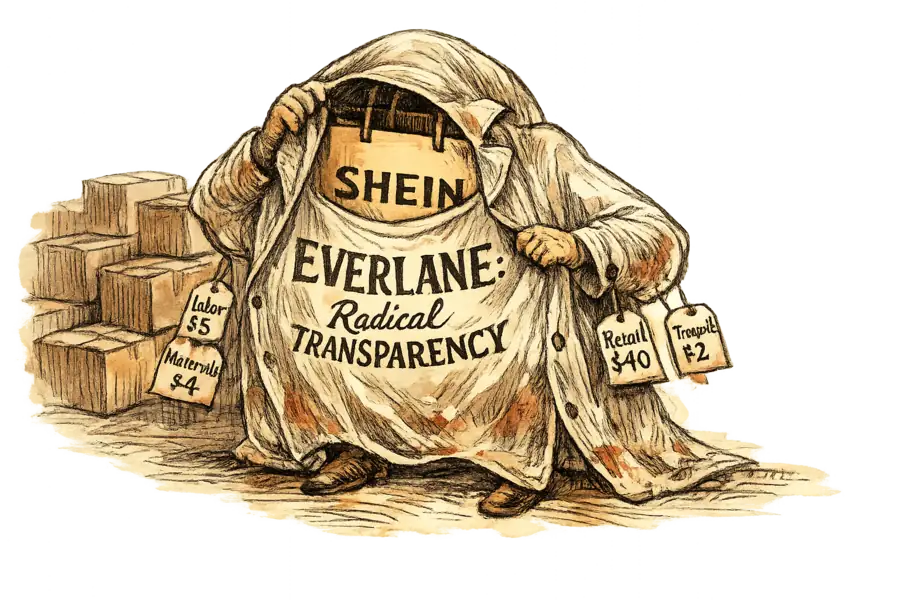 A Shein shopping bag slipping on a see-through coat hand-lettered 'Everlane: Radical Transparency,' price-breakdown tags hanging from the sleeves, a dim warehouse of blank boxes behind it.