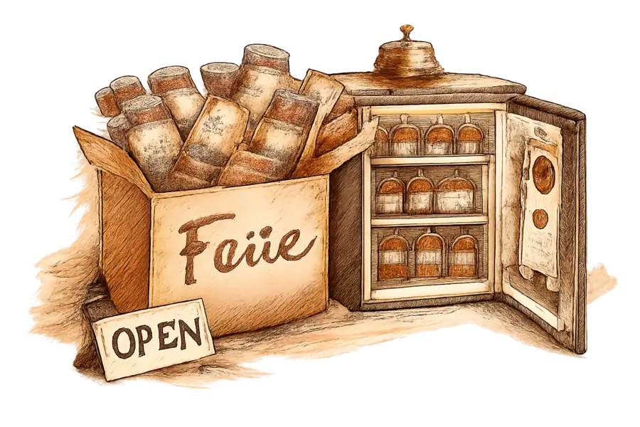 An open Faire shipping carton restocking a hotel mini-bar fridge, a brass concierge bell beside it.