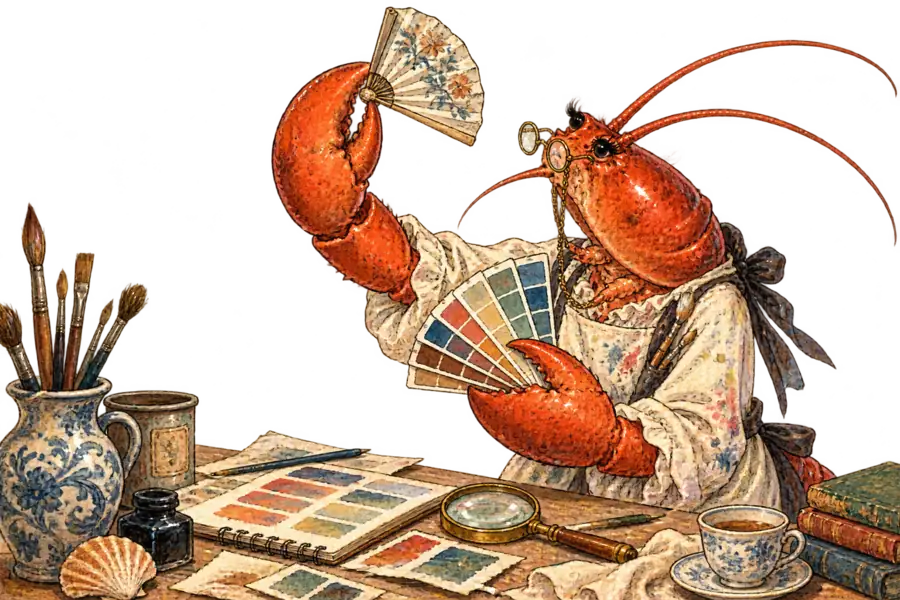 A lobster in a paint-stained smock holds a small handheld fan up to the light, a spread of paint-chip colour swatches fanned in her other claw.