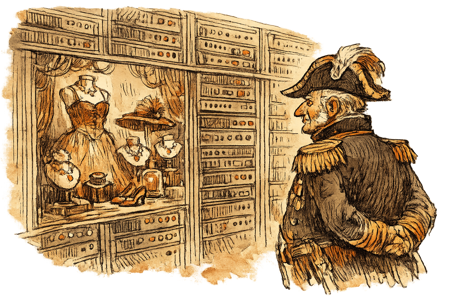 Admiral Neritus Vale facing a boutique window display reflected in a wall of server cabinets, eye level, subject on the right third, observational mood.