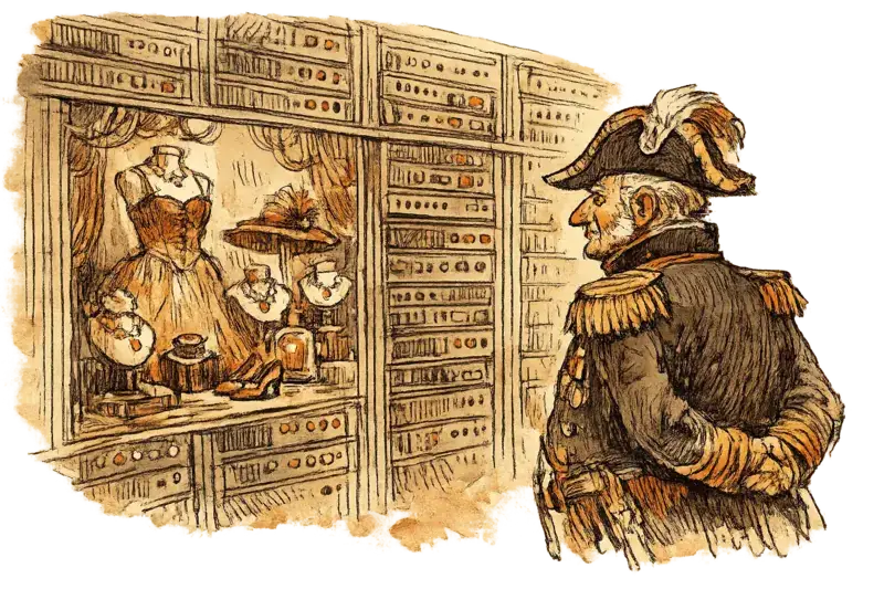 Admiral Neritus Vale facing a boutique window display reflected in a wall of server cabinets, eye level, subject on the right third, observational mood.