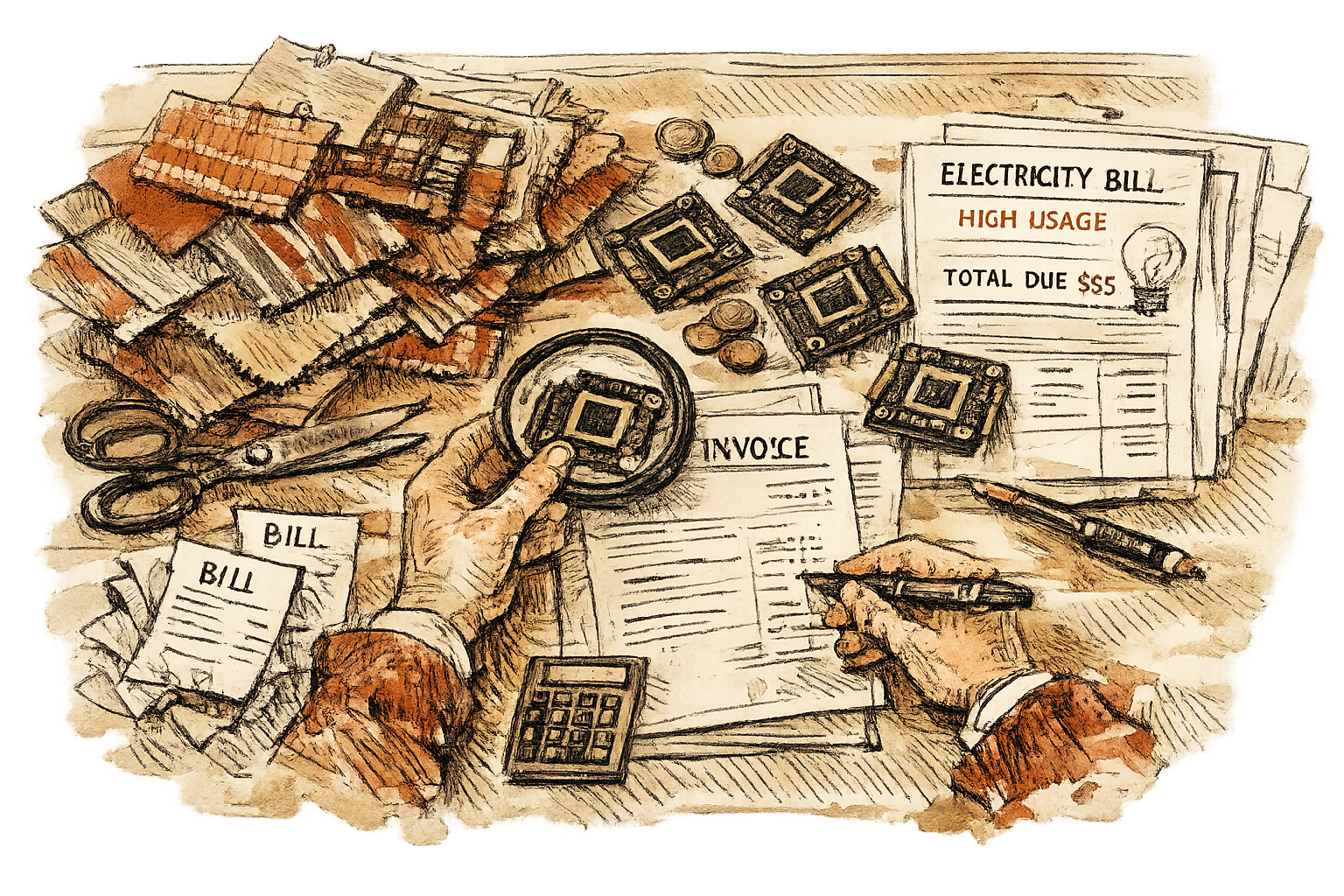 A fashion buyer's table covered with fabric swatches, invoices, GPU chips, and electricity bills, top-down view, subject centered slightly left, clinical mood.