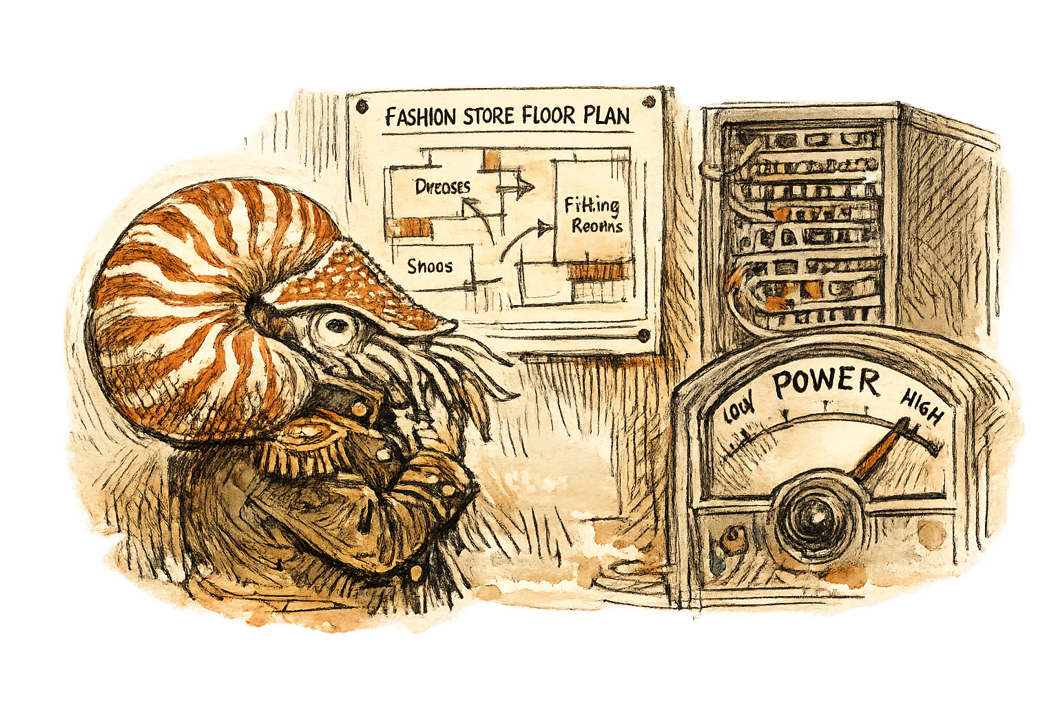 A nautilus strategist studies store plans beside a server rack and power meter.