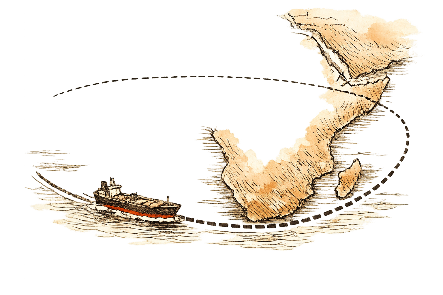 A tanker ship dwarfed by open ocean, tracing a long southward arc around the African continent, with a dotted line showing the shorter abandoned Suez route above. The Gulf coastline faint in the upper right corner. Wide angle, ship at center-left, ocean dominant. Mood: clinical.