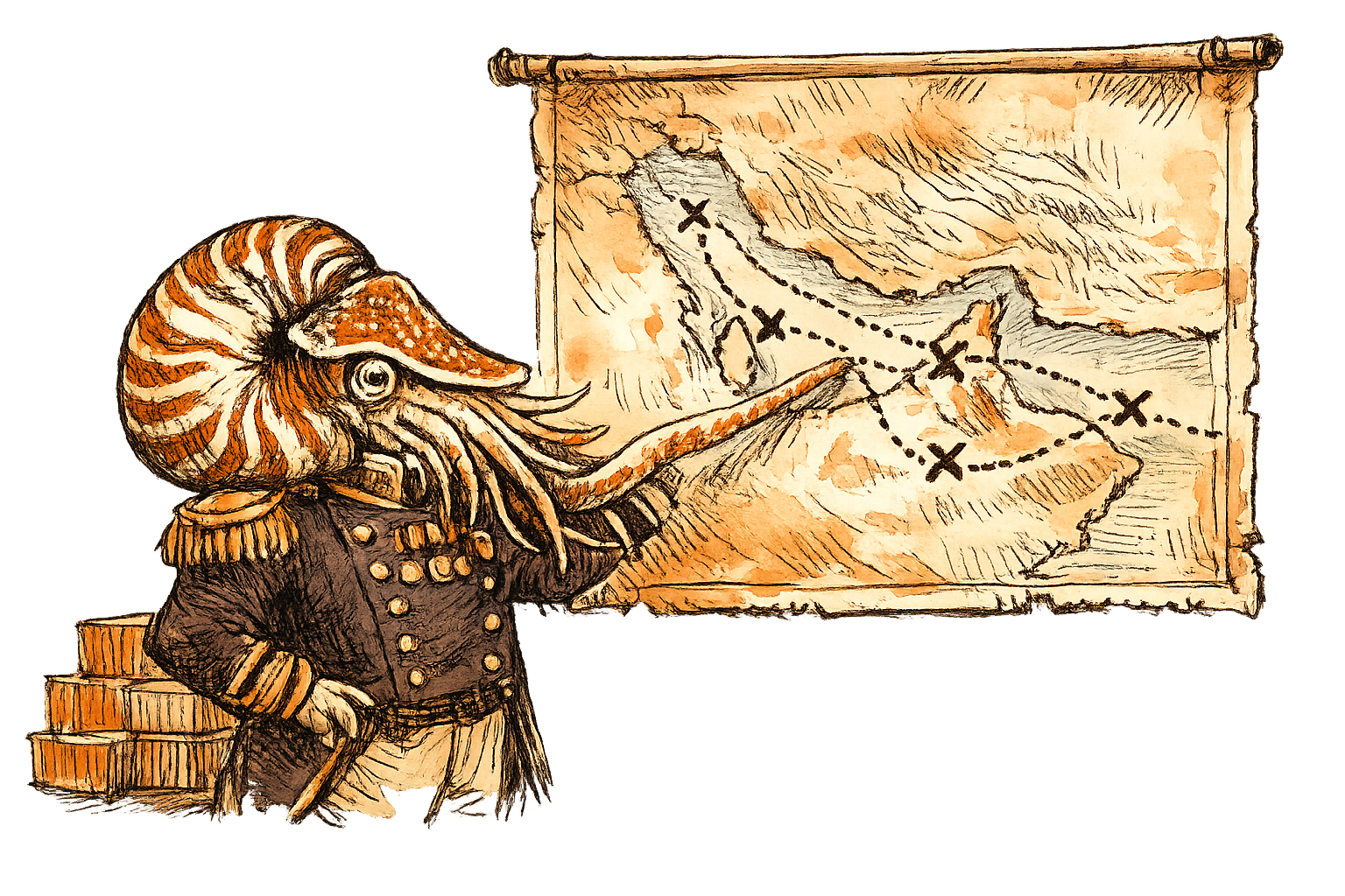 Admiral Neritus Vale in a military jacket studying a Gulf region shipping map with cargo routes marked in red