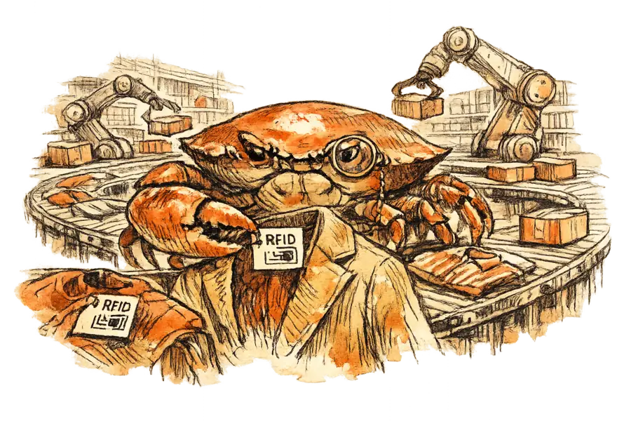 A crab inspecting garments on an automated conveyor belt in a vast warehouse