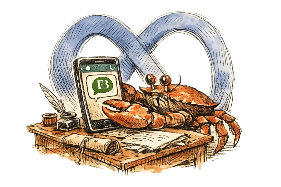 A crab studies a smartphone showing a Fenty Beauty chat on WhatsApp, with Meta's infinity logo looming in the background