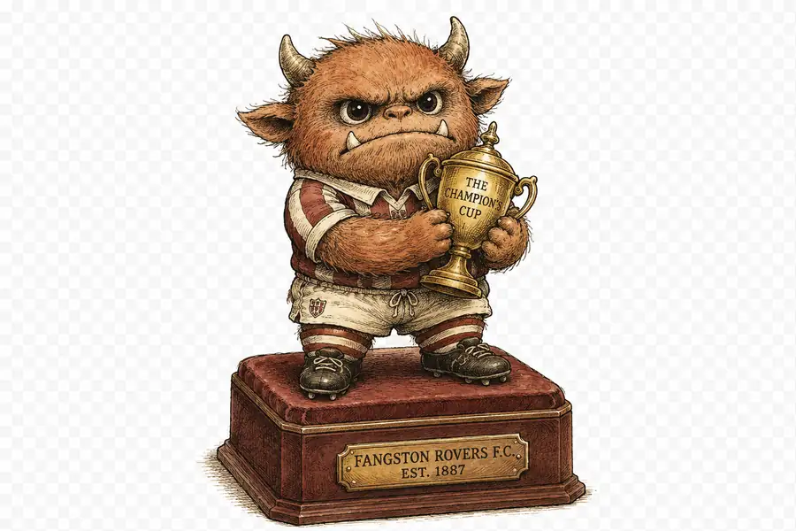A small fanged plush monster in a football kit and boots, clutching a gold trophy, posed alone on a velvet jewellery-display plinth of the kind that usually displays a luxury watch.