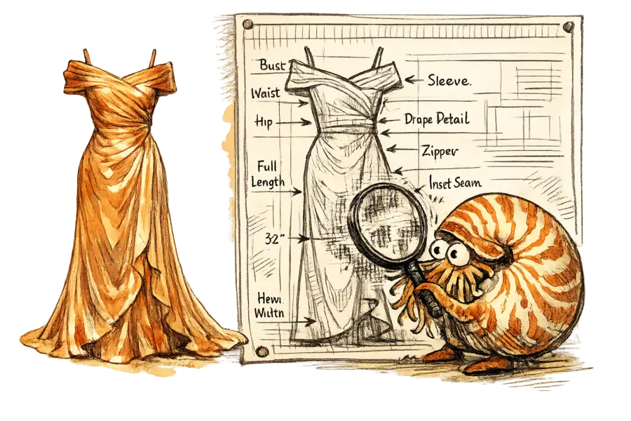 A flawless photoreal rendered dress glows on the left; on the right, a flat black-and-white technical sketch covered in measurement callouts that a nautilus-shell figure squints at through a magnifying glass without comprehension.