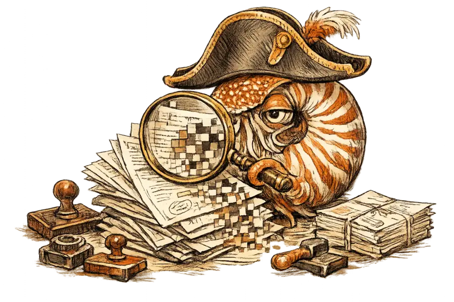 A nautilus admiral inspecting a stack of scanned shipping certificates that dissolve into JPEG compression blocks.