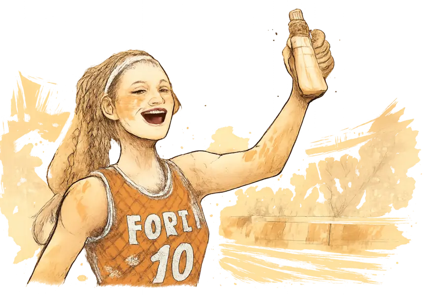 A caricature of WNBA player Lexie Hull in a basketball jersey holding up a Forta setting spray bottle on a basketball court.