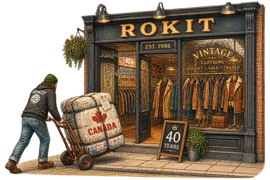 A hand-lettered ROKIT shopfront marked 'Est. 1986' as a handler wheels a bale of clothing stencilled CANADA past rails of vintage coats.