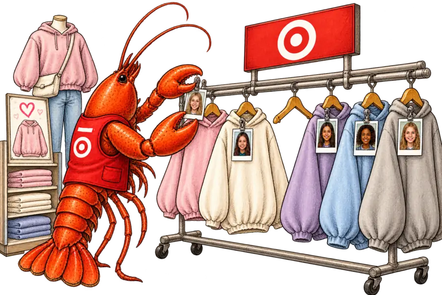 A lobster clipping small headshot photographs to the hangers on a rail of tween hoodies in a Target aisle, one hanger left empty.