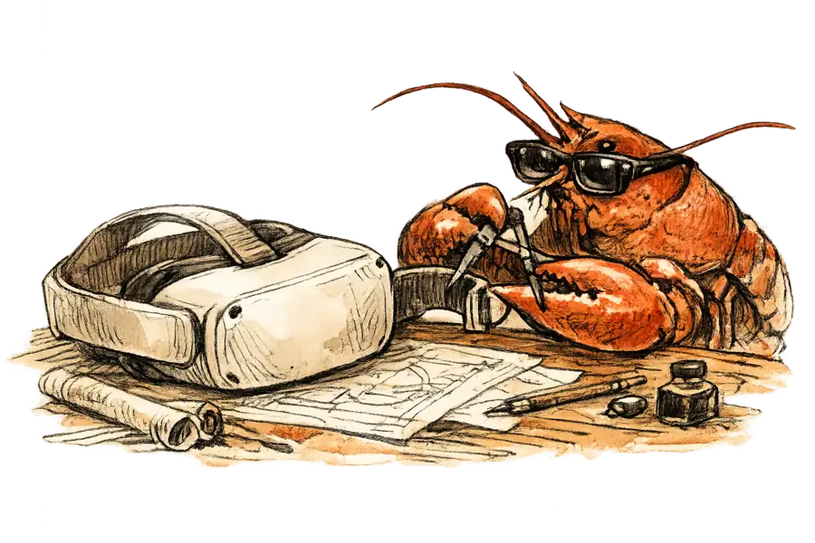 A lobster in Wayfarer-style smart glasses examines a discarded white VR headset on a draftsman's workbench.