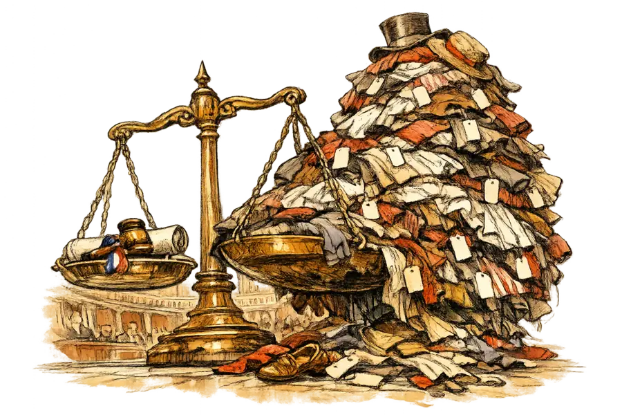 A tiny gavel and a rolled decree on one pan of a balance scale, hugely outweighed by an overflowing mountain of new tagged clothes on the other.