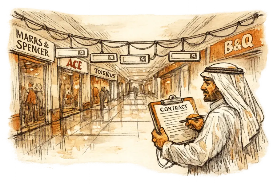 A Dubai mall corridor of storefronts — Marks & Spencer, ACE, Toys R Us, B&Q — each fitted with the identical search box above its door.