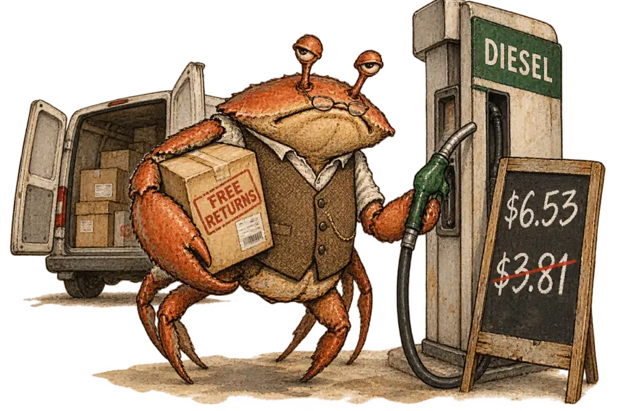 A crab in a waistcoat at a roadside diesel pump holding a parcel stamped FREE RETURNS, beside a price board where $3.81 is struck out and $6.53 chalked above it.