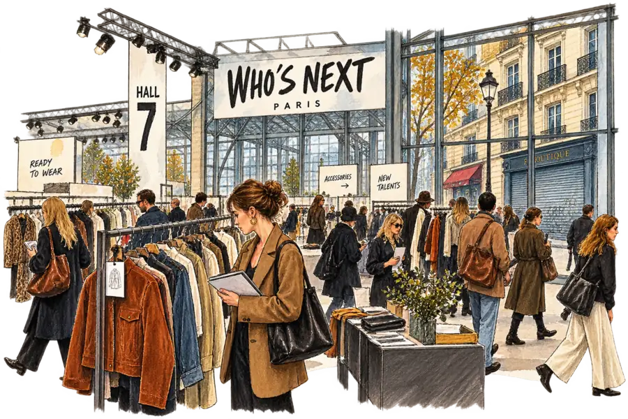 A crowded Paris trade-show hall under a hand-lettered Who's Next sign, one buyer pausing briefly at a rail of garments while a shuttered boutique waits beyond the glass