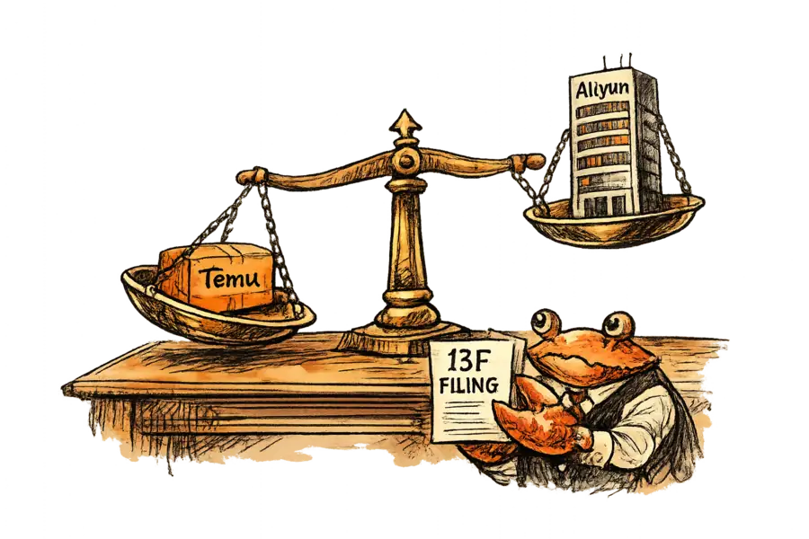 A balance scale tipping toward a small Pinduoduo-orange parcel labelled Temu while an Aliyun data-centre tower lifts on the other side; a waistcoated crab holds a 13F filing in the foreground.