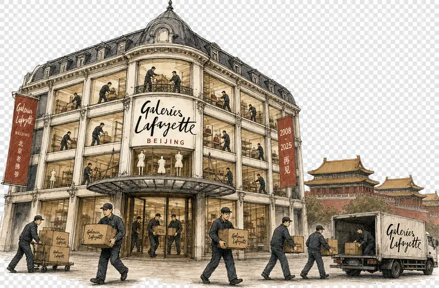 An emptied Galeries Lafayette department store in Beijing, boxes carried out, with the Forbidden City on the skyline behind it.
