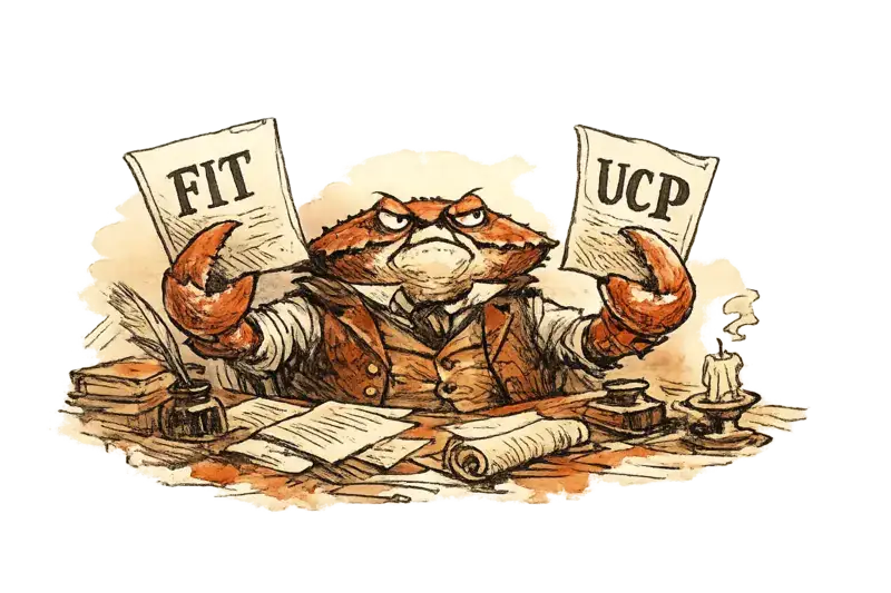 Sir John Crabstone at a writing desk, holding two documents labeled FIT and UCP with equal scrutiny