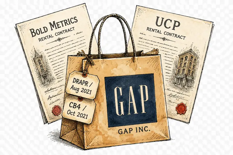 A Gap Inc paper shopping bag with two price tags reading DRAPR (Aug 2021) and CB4 (Oct 2021); two rental contracts labelled Bold Metrics and UCP fan out behind it.