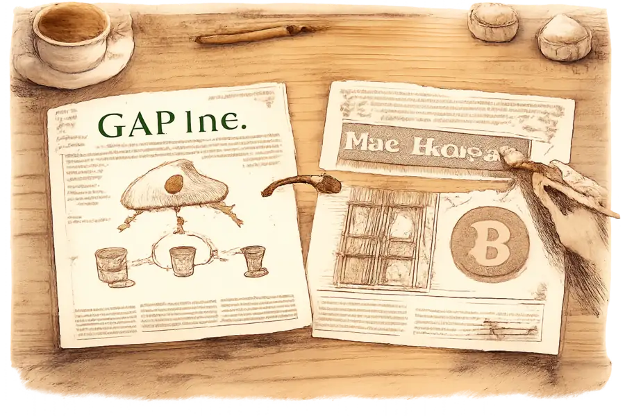 Two newspaper clippings placed side by side on a desk — one covering Gap's Inspectorio AI partnership, one covering Gyet's corporate charter pivot — connected by a hand-drawn line