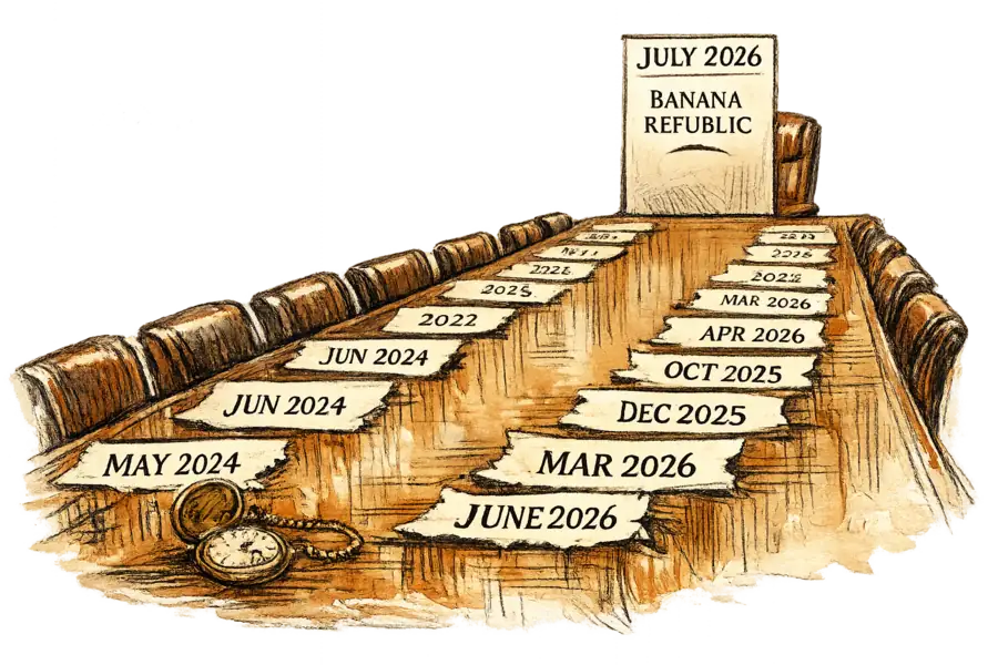 Polished boardroom table covered with twenty-four torn calendar pages, a single July 2026 page upright at the far end with the Banana Republic logo, an empty leather chair facing it, a pocket watch resting beside the torn pages.