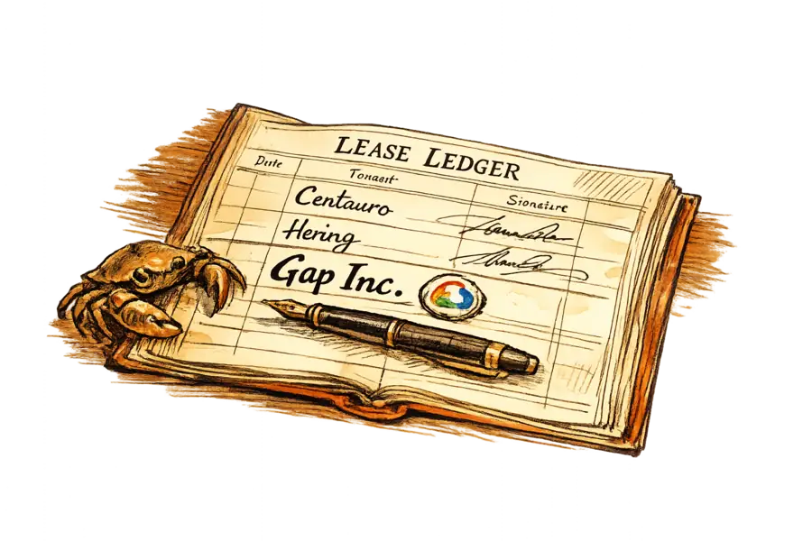 A ledger page showing Gap Inc.'s freshly inked signature on a Google Cloud lease, with earlier Brazilian retailer signatures already countersigned above.