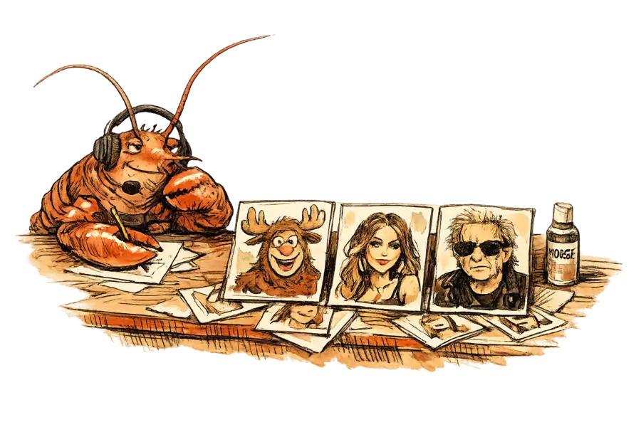 A lobster in a producer's headset reviews celebrity and creator headshots at a casting table while a small bottle of hair mousse sits ignored at the edge.