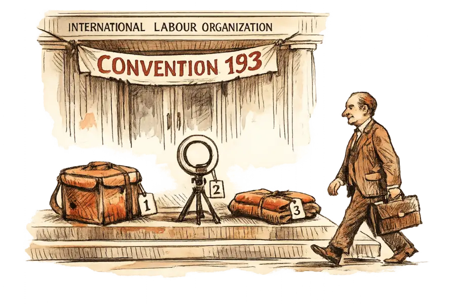 Three objects tagged as evidence exhibits on stone steps below a banner reading CONVENTION 193: a courier's insulated delivery bag, a ring light on a tripod, and a folded bolt of cloth.