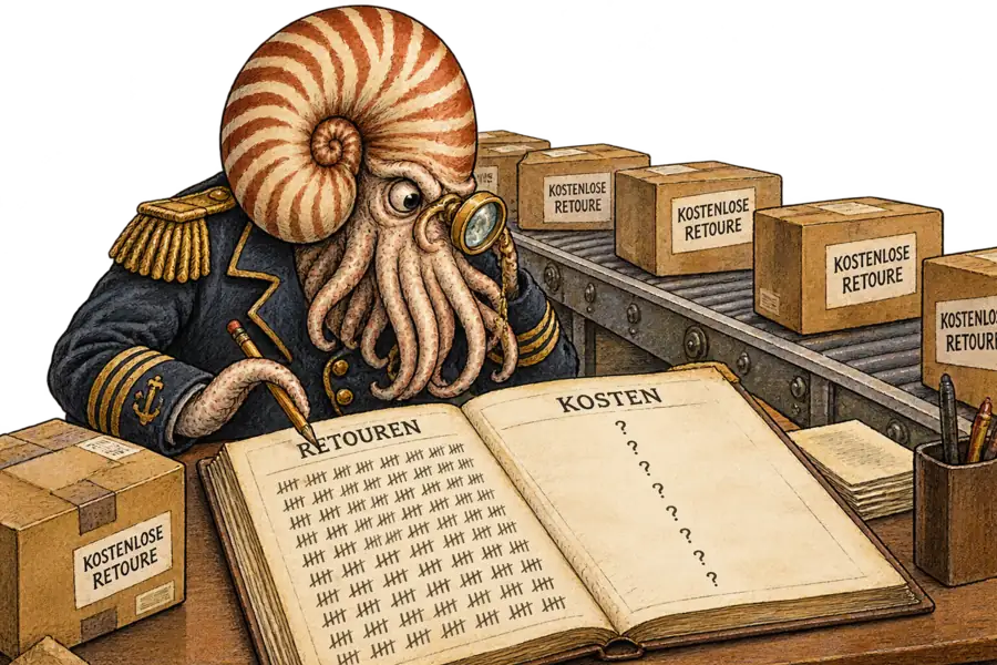 A warehouse returns desk where parcels with free-return labels ride a conveyor past an open ledger. The tally column is full and the cost column holds only question marks.