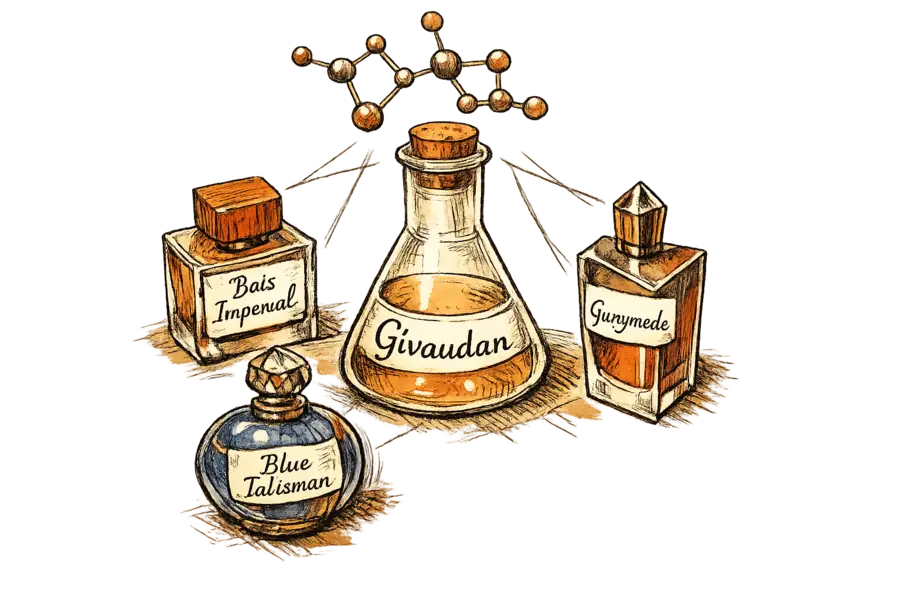 A laboratory flask labelled Givaudan surrounded by perfume bottles labelled Bois Impérial, Ganymede, and Blue Talisman.