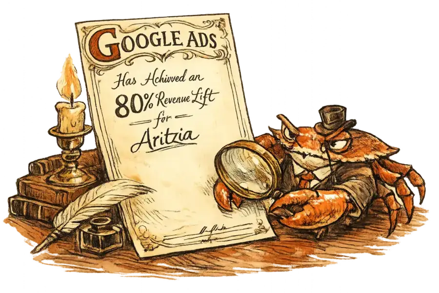 Sir John Crabstone der Krebs im Wams studiert ein verziertes Google Ads-Referenzschreiben, das für Aritzia bürgt, eine Messinglupe in einer Schere.