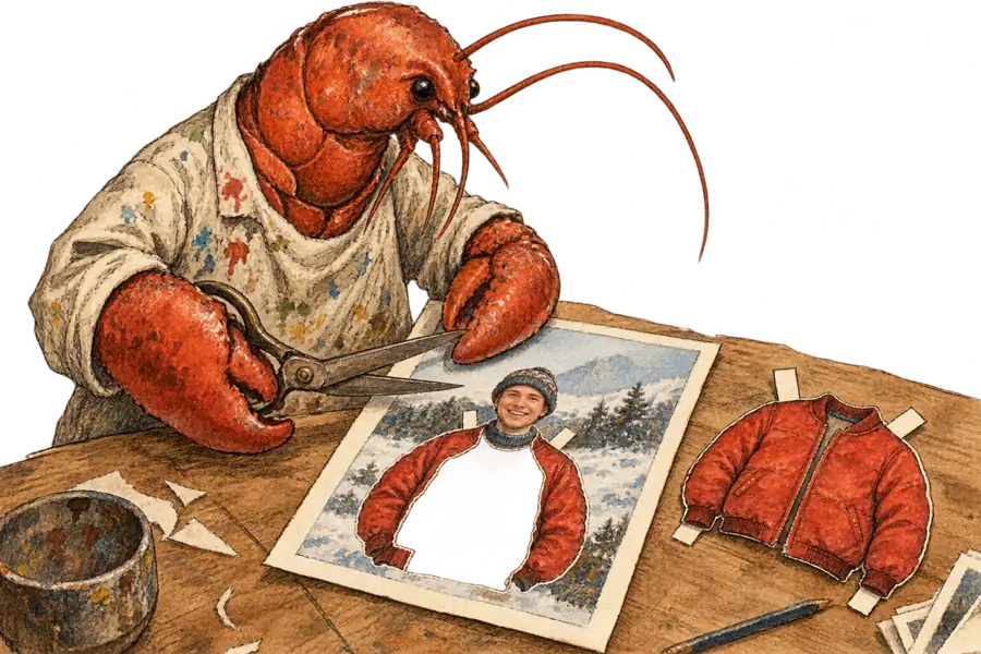 A lobster in a paint-stained smock cuts a red bomber jacket out of a holiday snapshot with dressmaker's shears, leaving a jacket-shaped hole in the photograph.