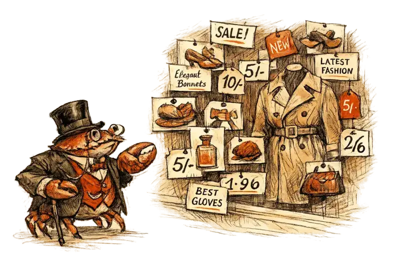 A crab in a Victorian waistcoat studies a department-store window assembled from floating product cards and price tags.