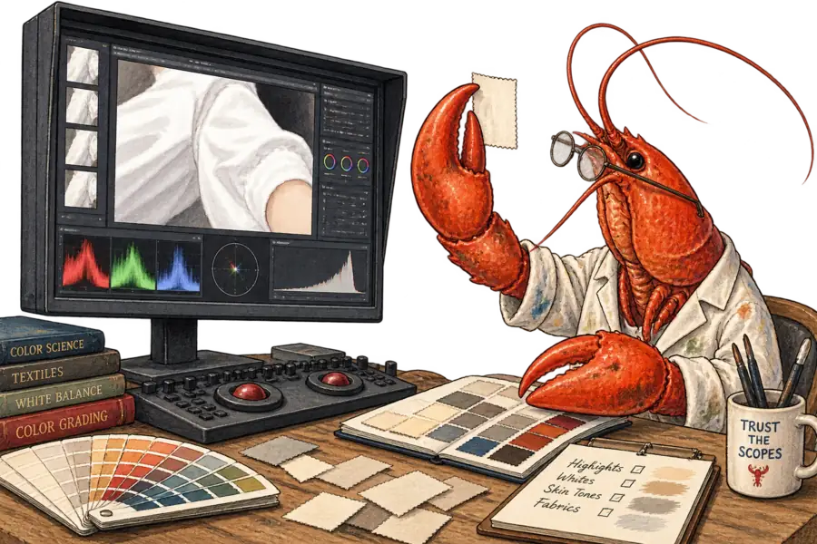 A lobster in a colourist's smock holds a small dyed cotton swatch up beside a large screen showing a blown-out white sleeve.