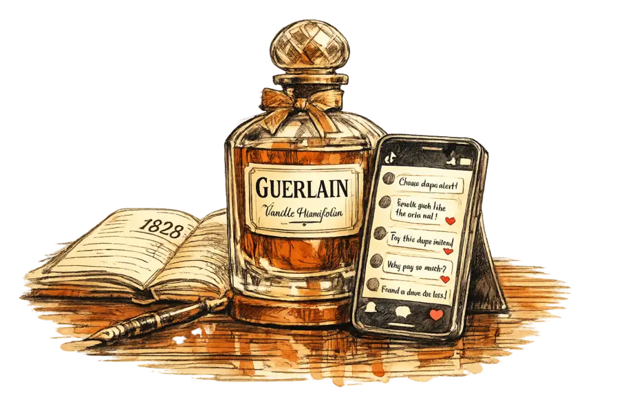 A Guerlain perfume bottle resting on an opened ledger dated 1828, beside a smartphone displaying a TikTok dupe-comparison feed.