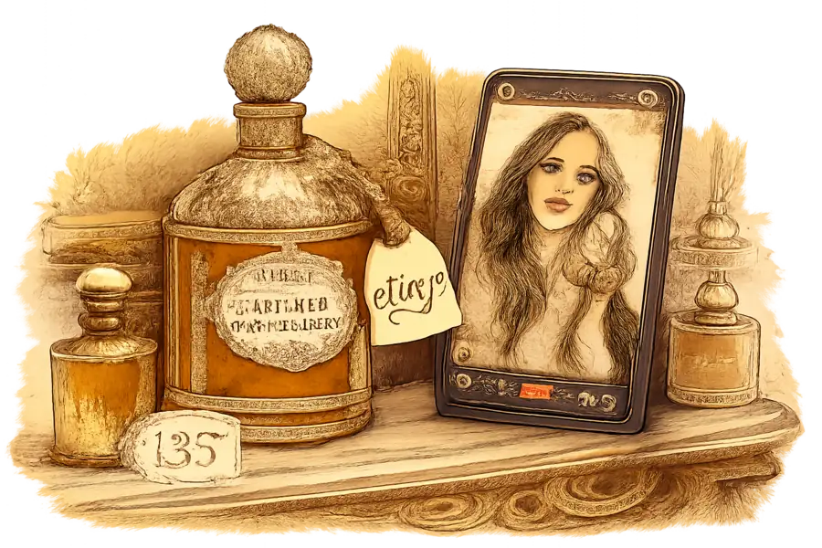 A Guerlain Vanille Planifolia perfume bottle on a Victorian vanity beside a smartphone showing a TikTok dupe review and a smaller imitation bottle.