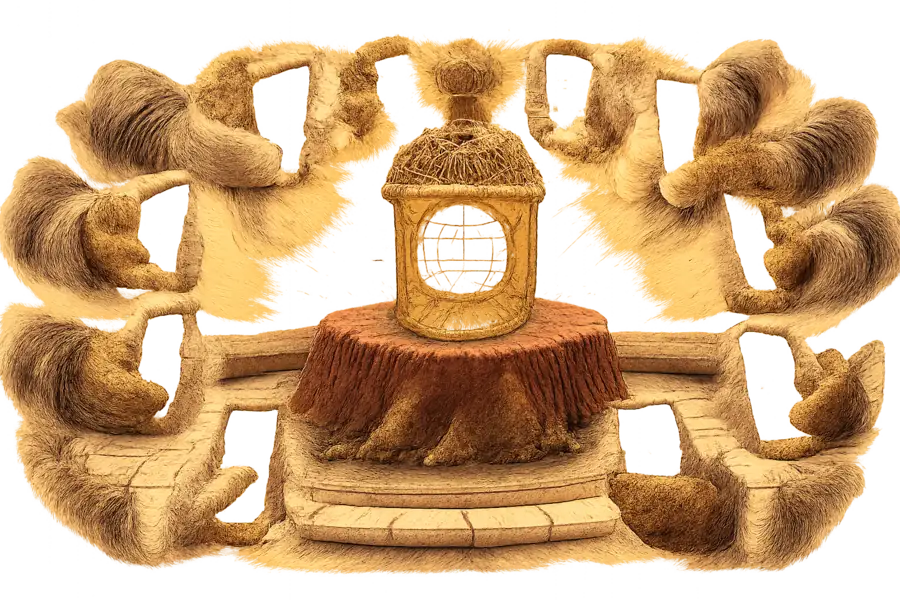 An ornate Guerlain bee-bottle of Vanille Planifolia on a velvet plinth surrounded by twelve glowing smartphones held by gloved hands, with a drained moat at the base.