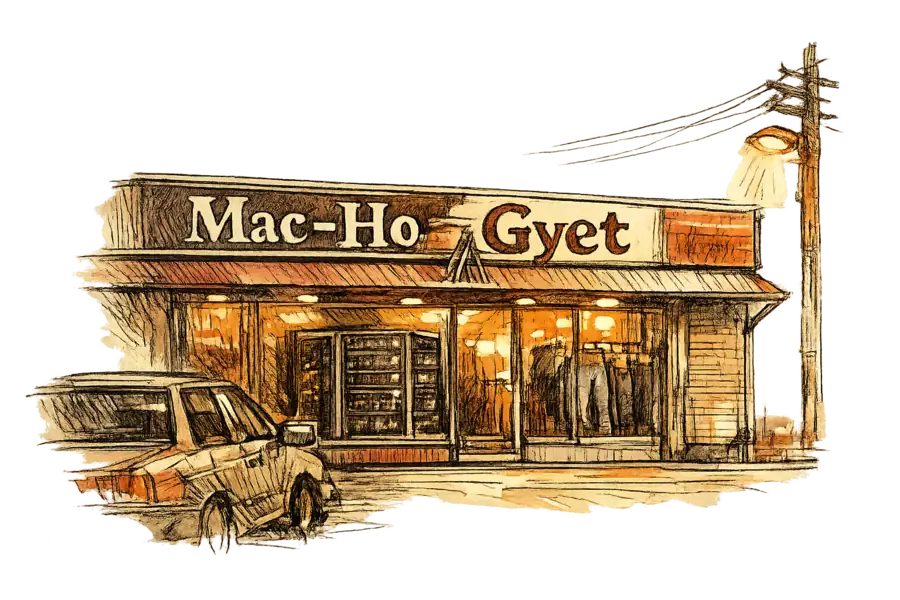 A roadside Japanese jeans store with the 'Mac-House' sign being changed to 'Gyet' and a small GPU server rack visible through the front window.