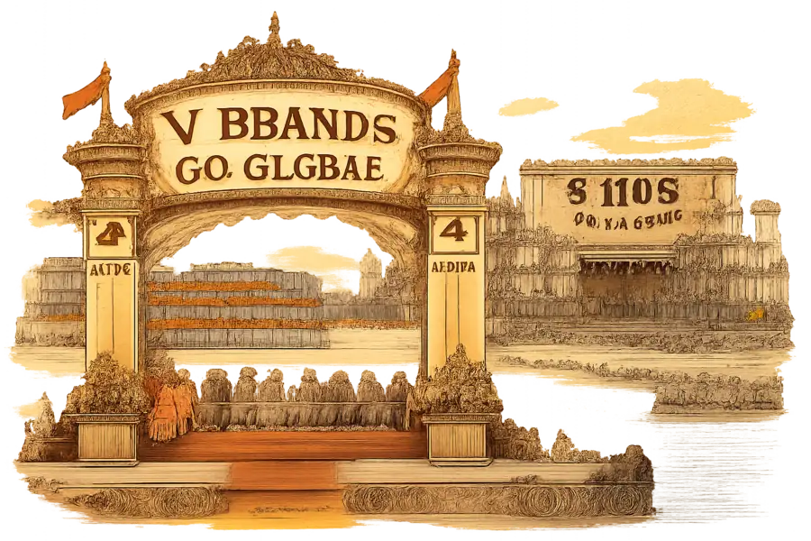An ornate trade pavilion with Amazon and Alibaba banners standing in front of empty Vietnamese docks and unbuilt warehouse foundations