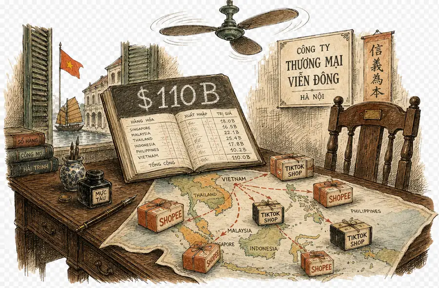 An open ledger book in a Vietnamese trade office, '$110B' chalked across the top page, with parcels marked Shopee and TikTok Shop fanning across a map of Southeast Asia.