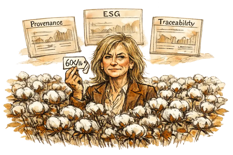 Liz Hershfield holding up a 60-cent cotton price tag in a Texas cotton field while three sustainability dashboards float ignored behind her.