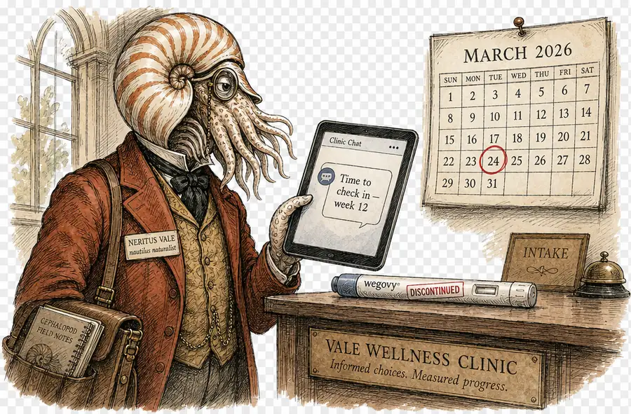 A nautilus naturalist at a clinic intake desk holds a tablet showing a chat-window check-in notification; on the desk beside him sits an empty Wegovy injector marked DISCONTINUED.